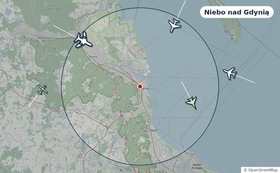 Mapa okolic miasta z sylwetkami samolotów — Niebo nad Gdynią na żywo